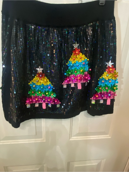 QUEEN OF SPARKLES Dresses & Skirts - QUEEN OF SPARKLES Black Sequin Mini Skirt with Rainbow Tree Embellishments NWOT